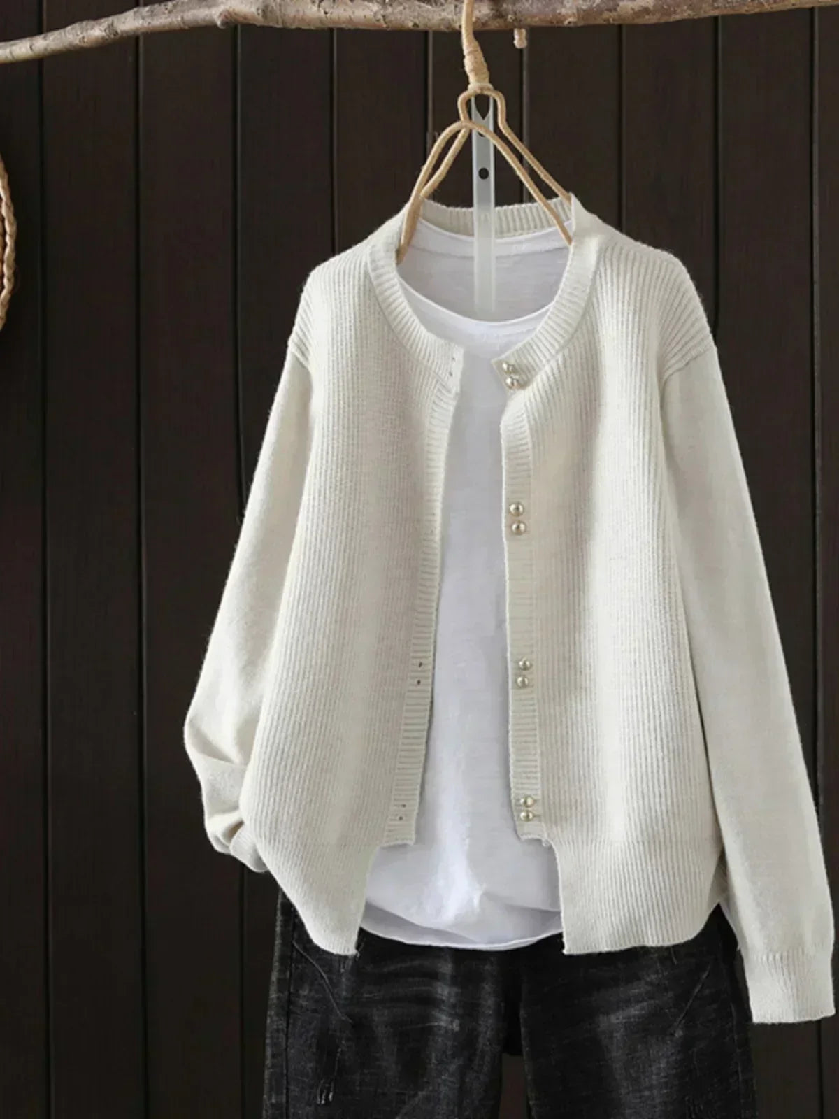 Women Cardigan Pearl Button Crew Neck Relaxed Fit