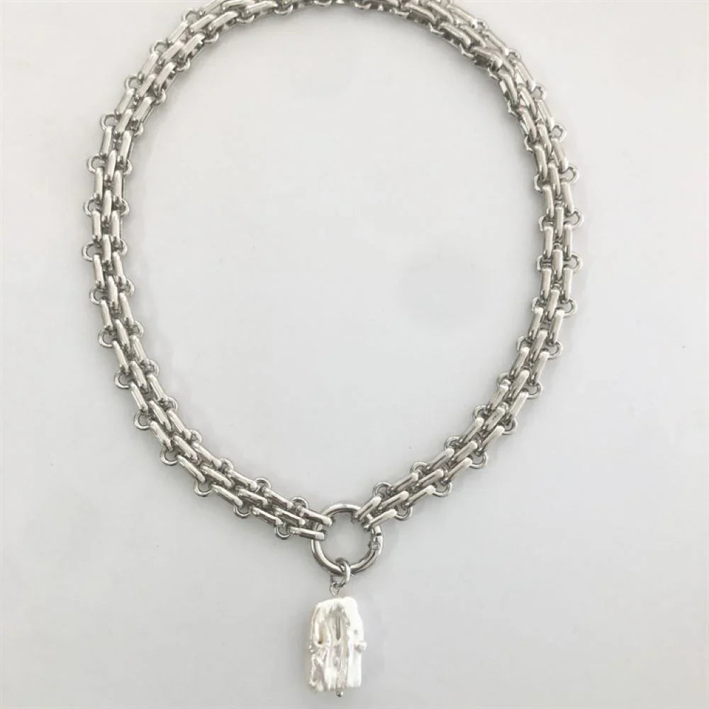 Baroque Freshwater Pearl Necklace Dual Tone Chain