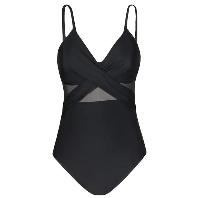 Women One Piece Swimsuit Tummy Control V Neck High Cut Mesh