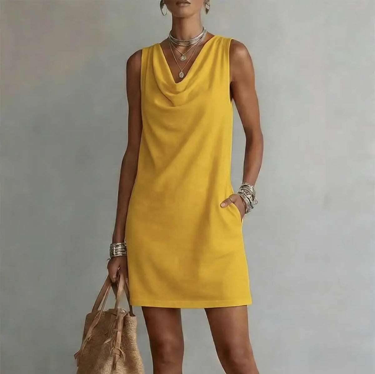 Amara | Women's Mini Dress | Cowl Neck, Sleeveless, A-Line | Side Pockets