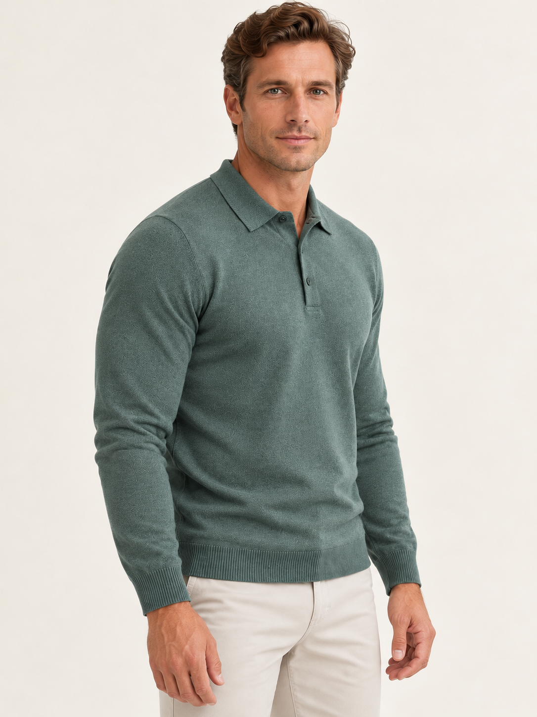Men Polo Shirt Long Sleeve Knitted Ribbed Cuff Autumn Winter