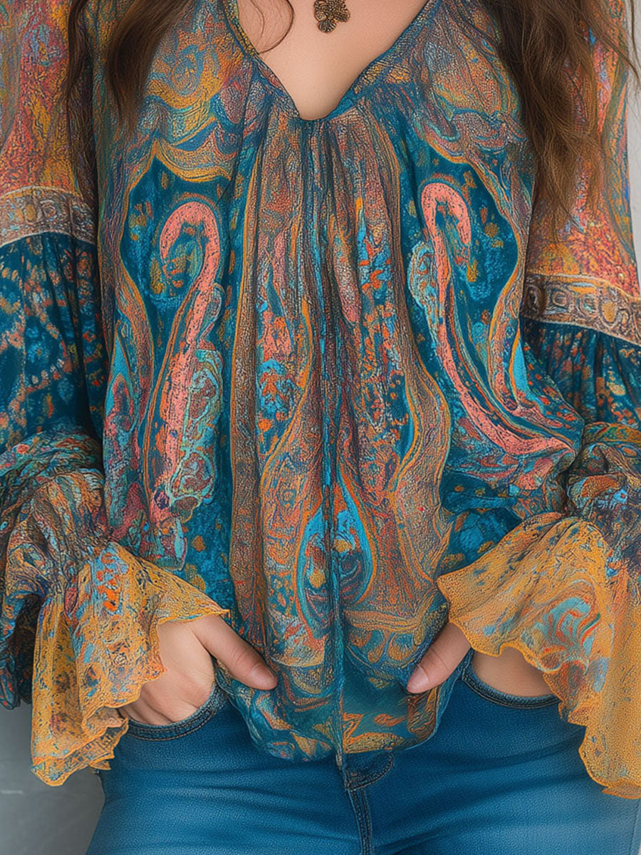 Women printed V neck long sleeve blouse with flared cuffs and paisley pattern