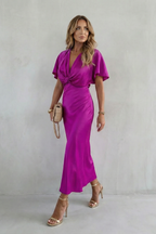 Satin Dress Women Stretch Midi Length Lined V Neck Flutter Sleeve