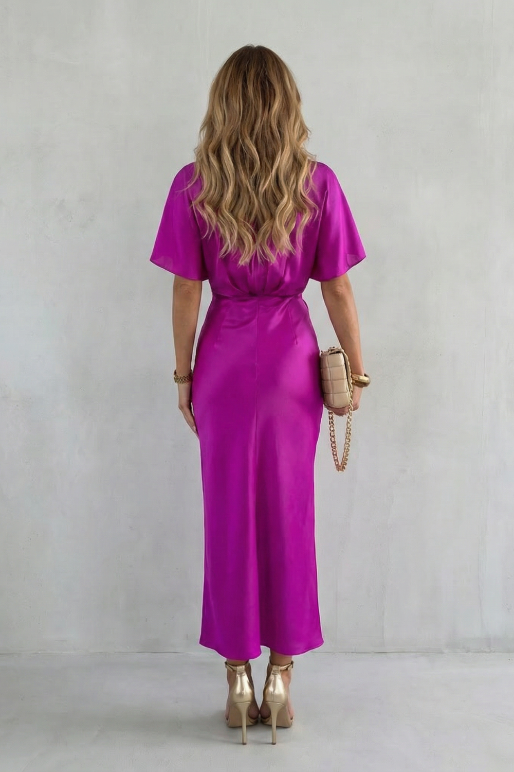 Satin Dress Women Stretch Midi Length Lined V Neck Flutter Sleeve