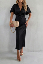Satin Dress Women Stretch Midi Length Lined V Neck Flutter Sleeve