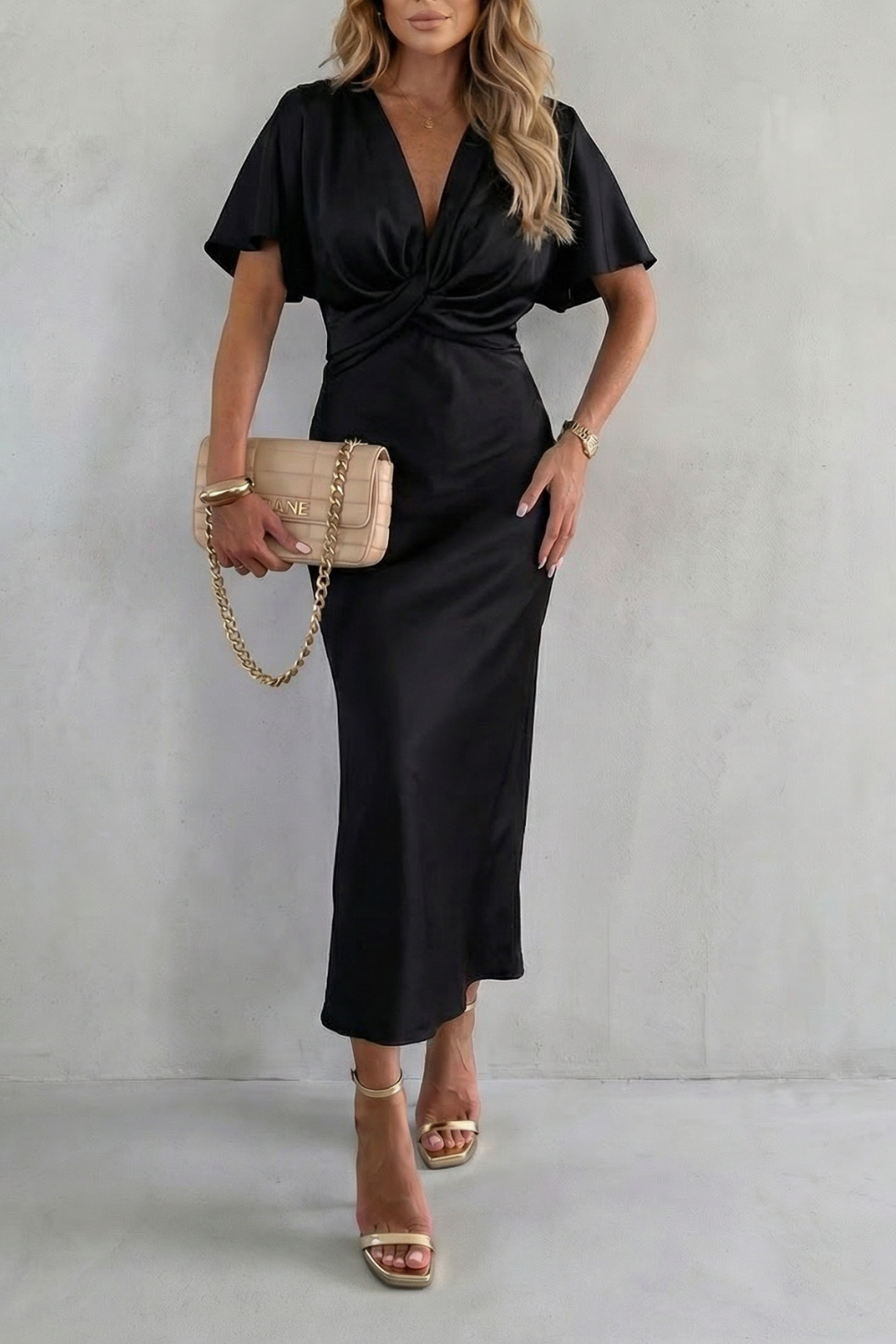 Satin Dress Women Stretch Midi Length Lined V Neck Flutter Sleeve
