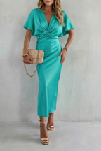 Satin Dress Women Stretch Midi Length Lined V Neck Flutter Sleeve