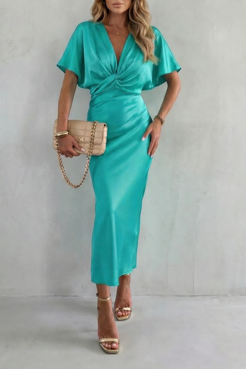 Satin Dress Women Stretch Midi Length Lined V Neck Flutter Sleeve