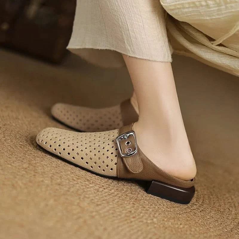 Women Suede Leather Clogs Buckle Strap