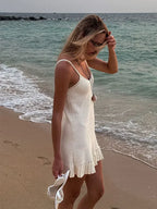 Beach Cover Up Dress Women Crochet Knit Halter Ruffle Mini Beige