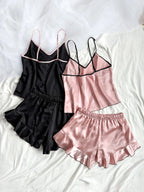 Satin Pajamas Women Short 2 Piece Set Sleeveless Top Ruffle Trim