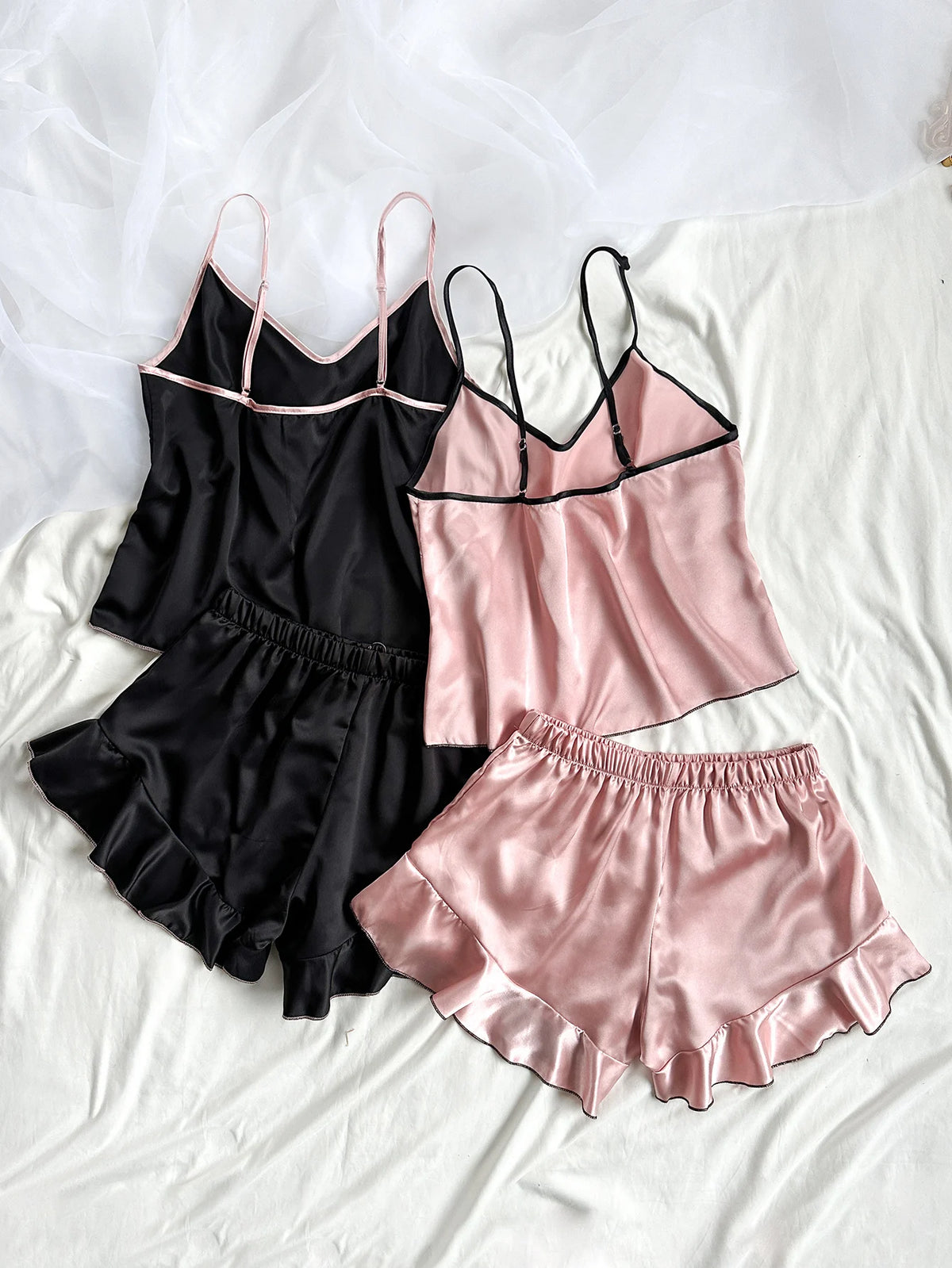 Satin Pajamas Women Short 2 Piece Set Sleeveless Top Ruffle Trim