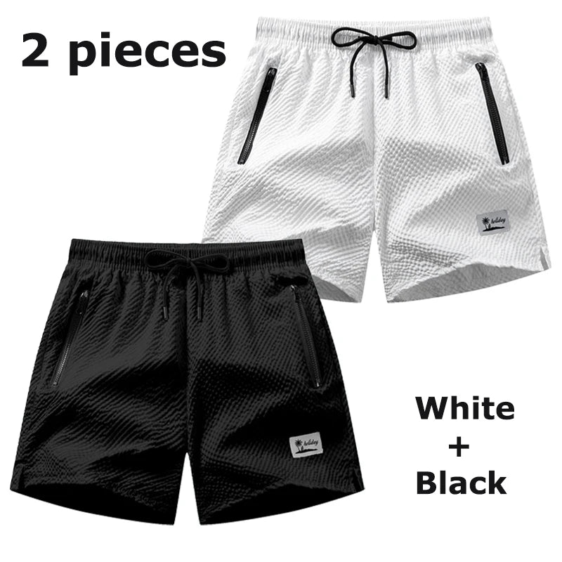 Men Swim Shorts Seersucker Quick Dry Mesh Lined Zipper Pockets