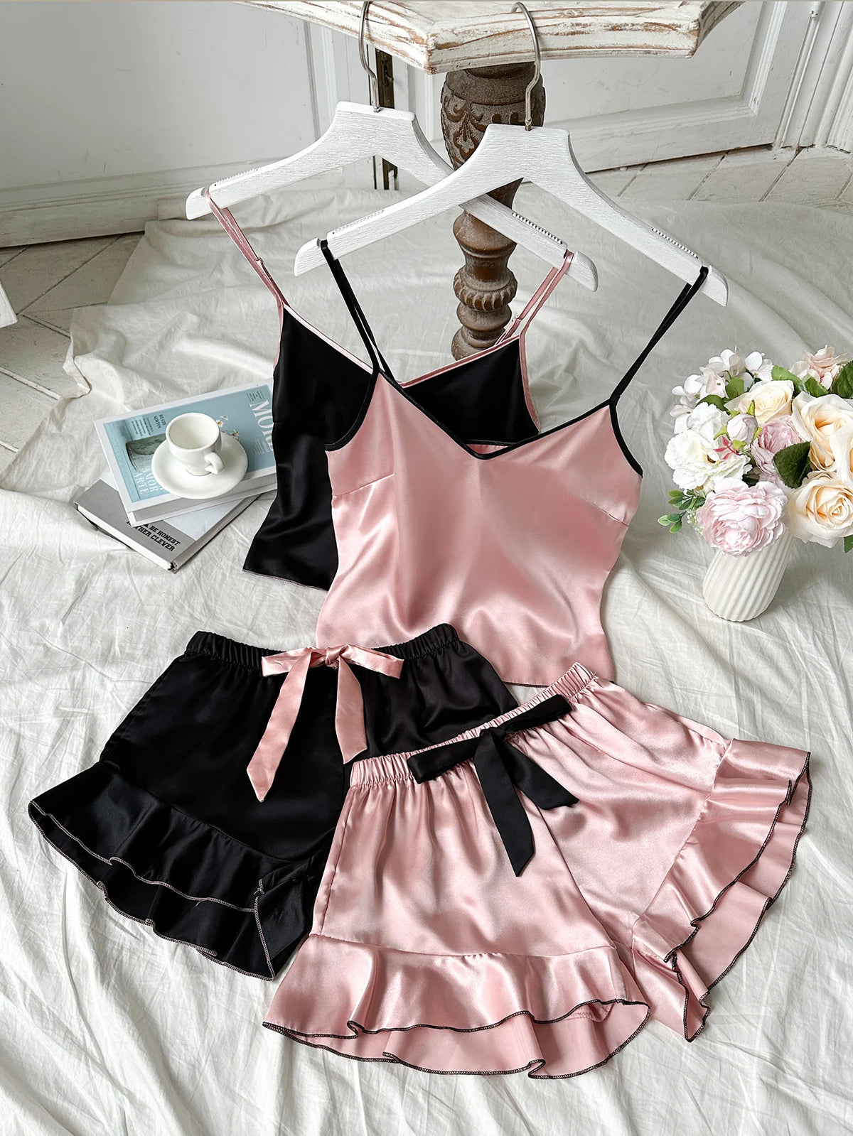 Satin Pajamas Women Short 2 Piece Set Sleeveless Top Ruffle Trim