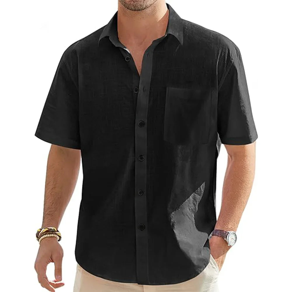 Linen Shirt Men Short Sleeve Cotton Casual Button Up Lightweight