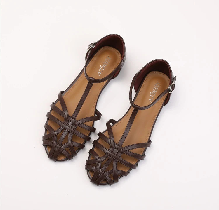 Braided Sandals Women Flat Roman Style Cross Strap Low Heel Shoes