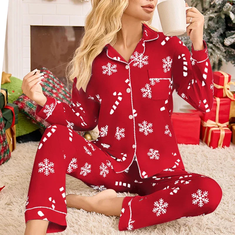 Christmas Pajamas Women 2 Piece Long Sleeve Snowflake Print Set