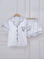 Satin Pajamas Women Short Sleeve 2 Piece Set Striped Embroidered