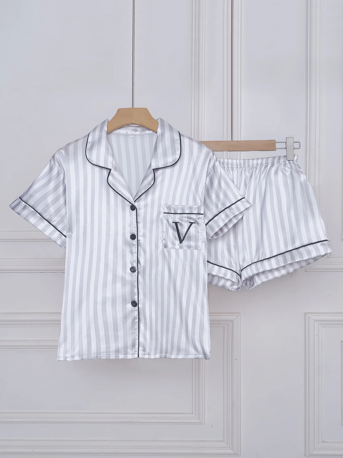 Satin Pajamas Women Short Sleeve 2 Piece Set Striped Embroidered