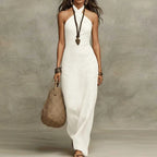 Women Linen Dress Halter Neck Sleeveless Maxi Slim Fit