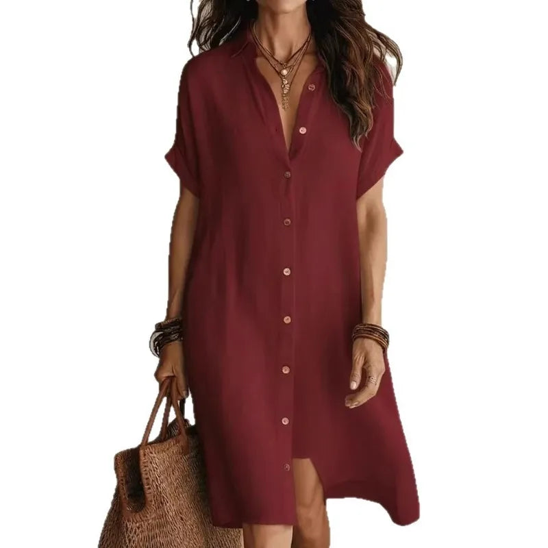 Women Shirt Dress Cotton Linen Loose Fit Button Down | Faye