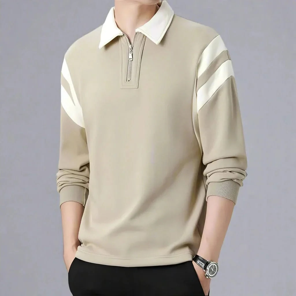 Men Cotton Blend Long Sleeve Polo Zipper