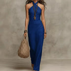 Women Linen Dress Halter Neck Sleeveless Maxi Slim Fit