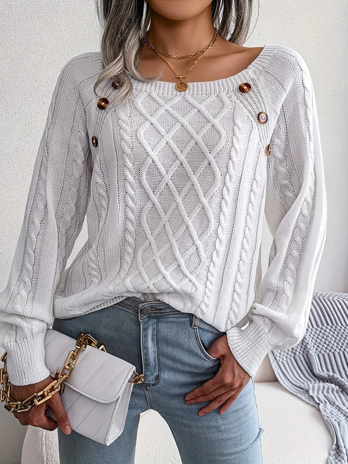 Seraphina | Women's Winter Sweater | Cable Knit, Button Detail