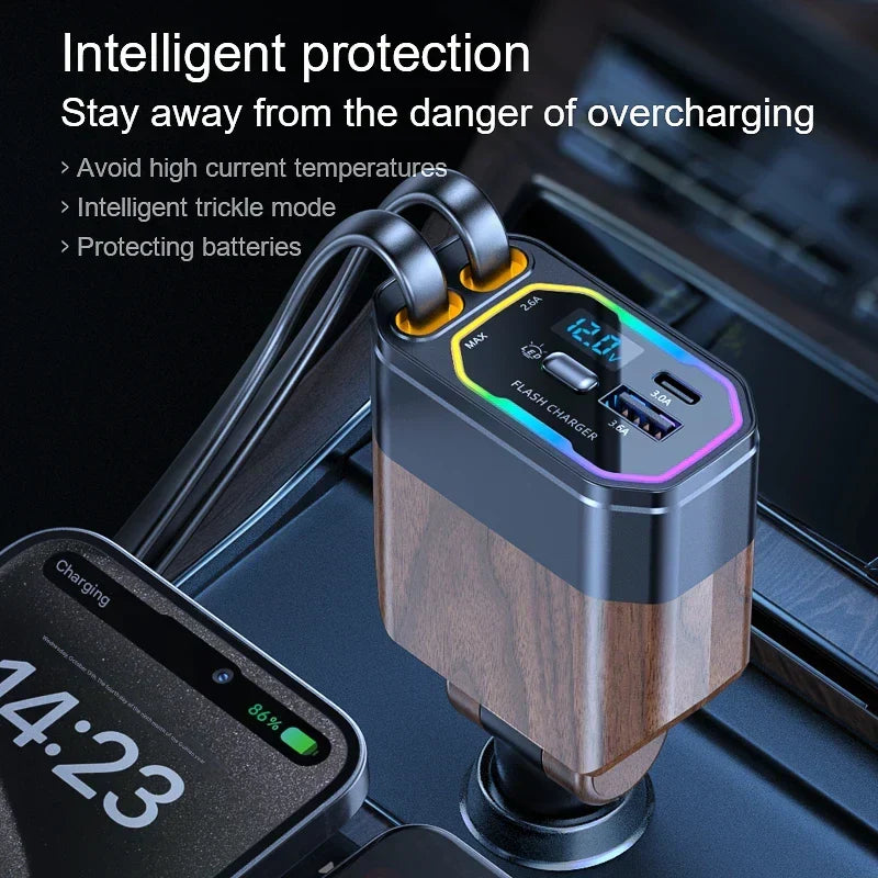 Car Charger 120W | 4-in-1 Retractable, USB-C & Cigarette Lighter | Aria