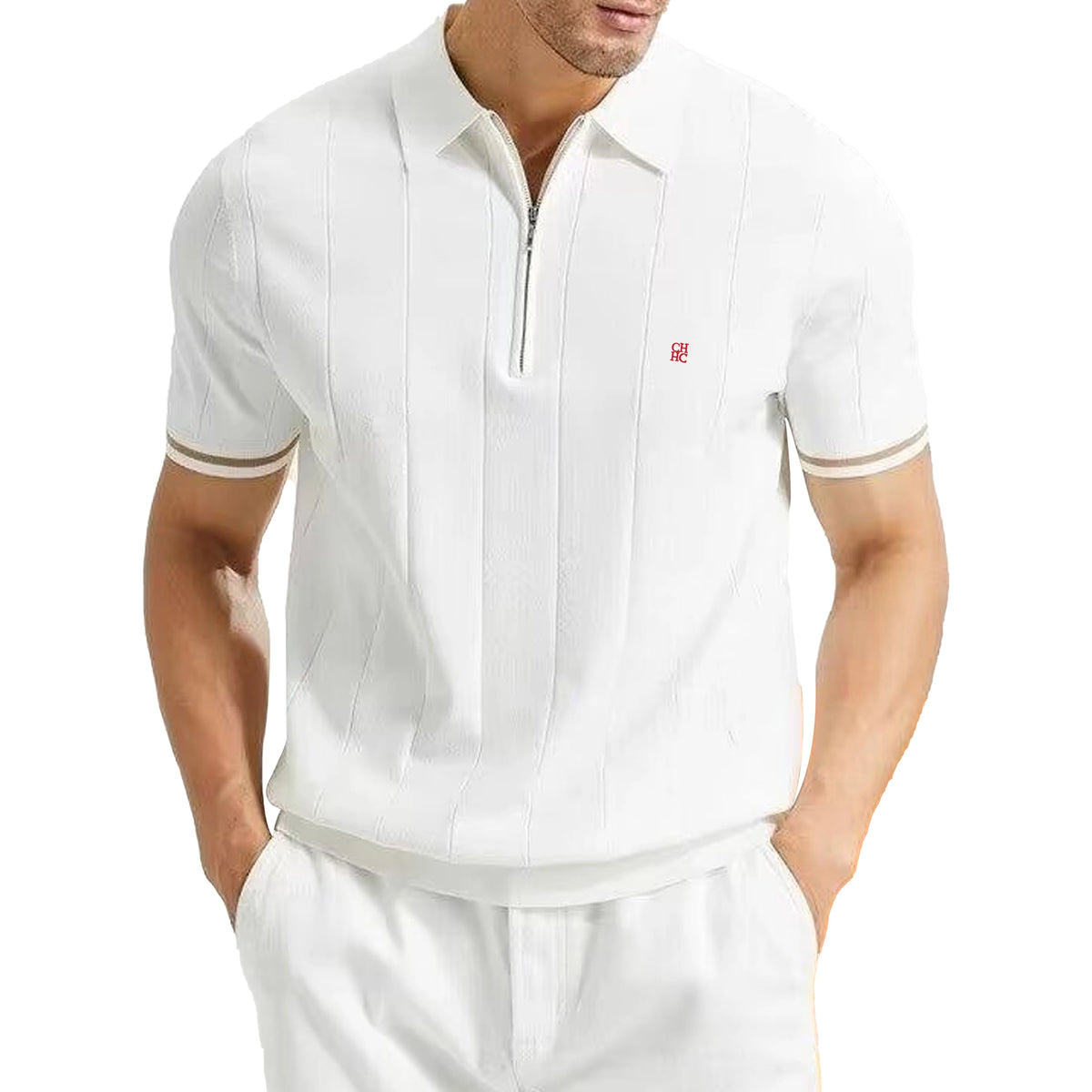 Polo Shirt Men Knit Ribbed Textured Short Sleeve Casual Style