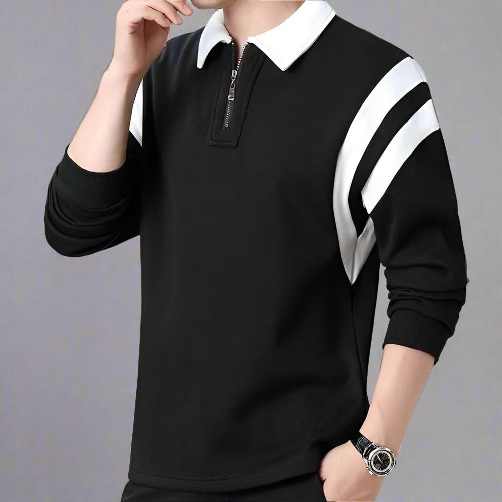 Men Cotton Blend Long Sleeve Polo Zipper