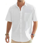Linen Shirt Men Short Sleeve Cotton Casual Button Up Lightweight