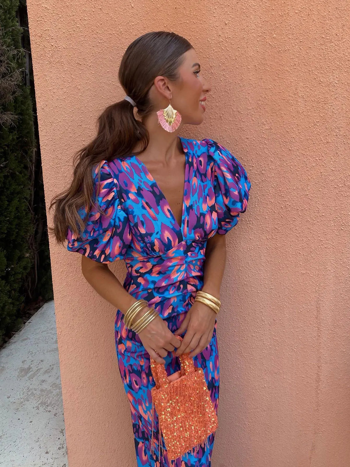Summer Dress Women Lightweight Spring V Neck Puff Sleeve
