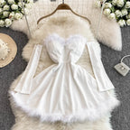 Christmas Party Dress Women Sexy Low Cut Feather Trim Sleeveless Mini