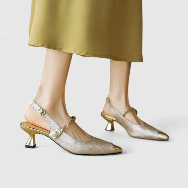 Women Block Heel Pumps Jacquard Pearl Strap