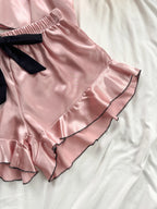 Satin Pajamas Women Short 2 Piece Set Sleeveless Top Ruffle Trim
