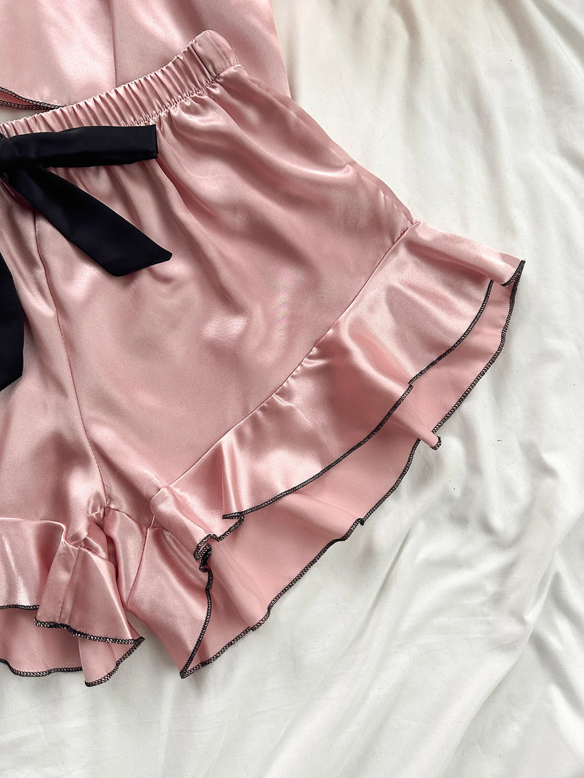Satin Pajamas Women Short 2 Piece Set Sleeveless Top Ruffle Trim