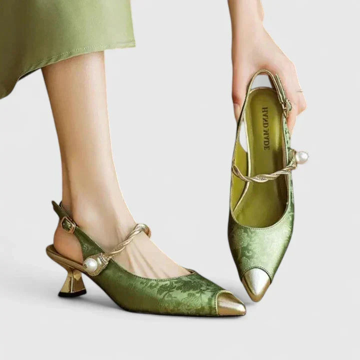 Women Block Heel Pumps Jacquard Pearl Strap