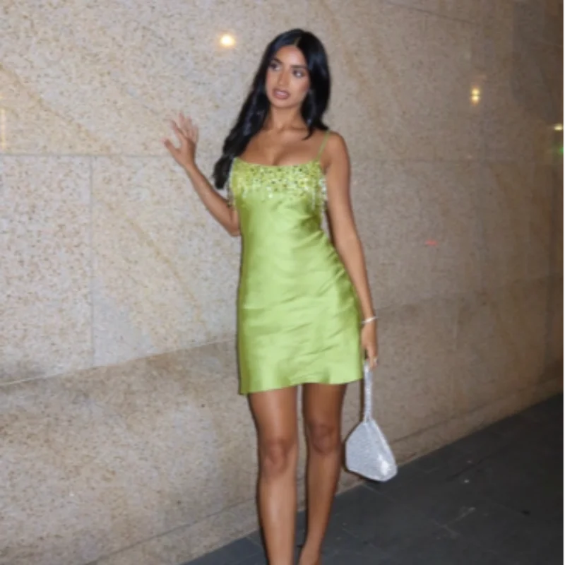 Sequin Party Dress Women Mini Tassel Spaghetti Strap Square Neck