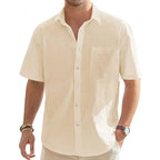 Linen Shirt Men Short Sleeve Cotton Casual Button Up Lightweight