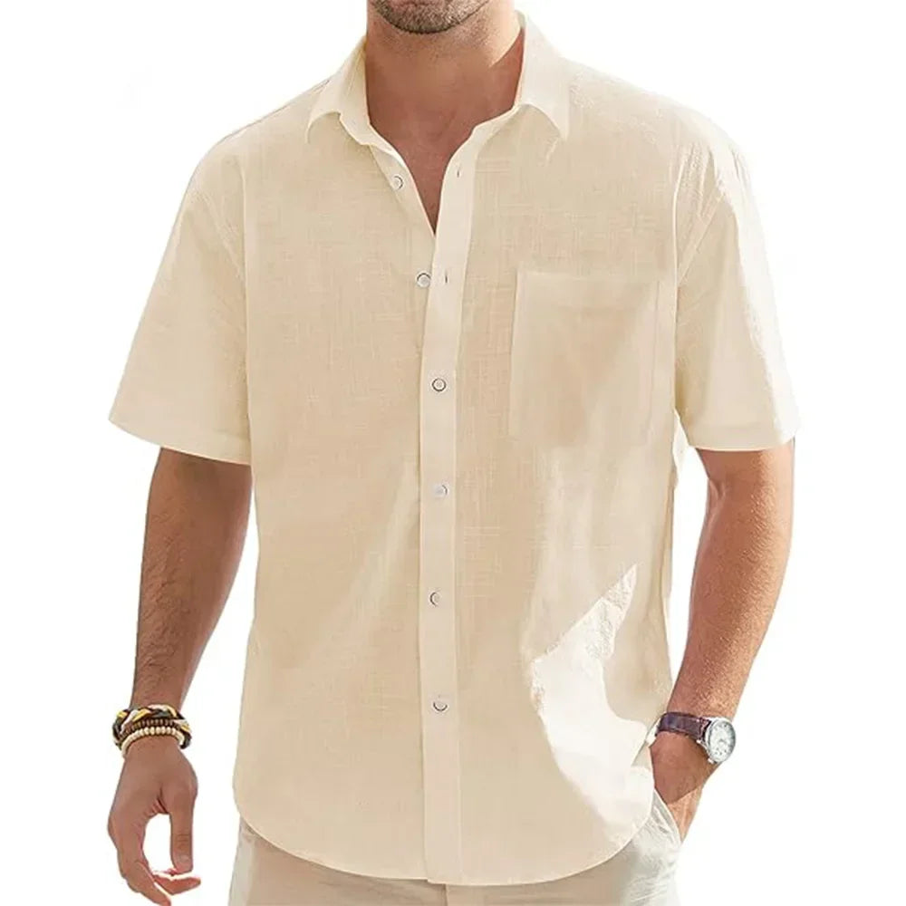 Linen Shirt Men Short Sleeve Cotton Casual Button Up Lightweight