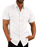 Linen Shirt Men Short Sleeve Casual Plus Size Solid Turn Down Collar