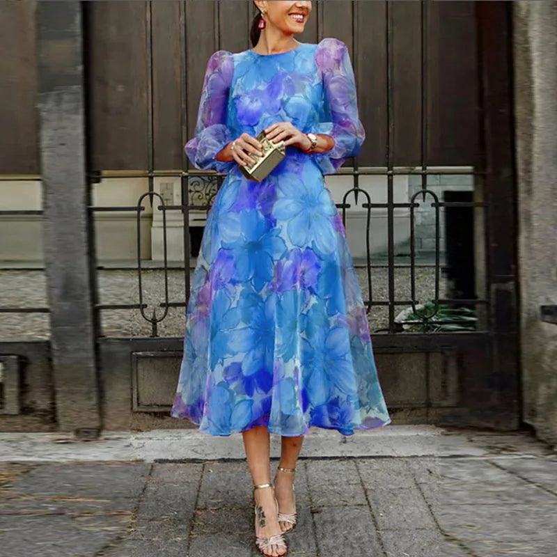 Women A-Line Midi Dress with Sleeves back zipper closure formal party