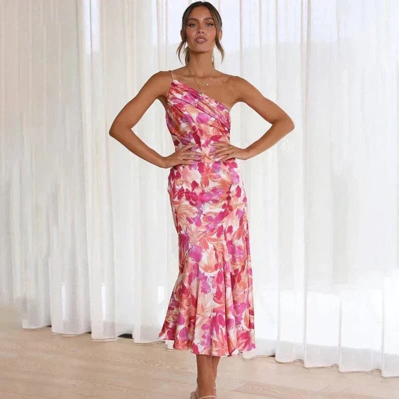 Marlow | Floral Midi Dress | One-Shoulder, Asymmetric | Pink, Fitted