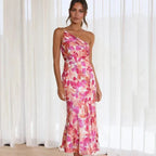 Marlow | Floral Midi Dress | One-Shoulder, Asymmetric | Pink, Fitted
