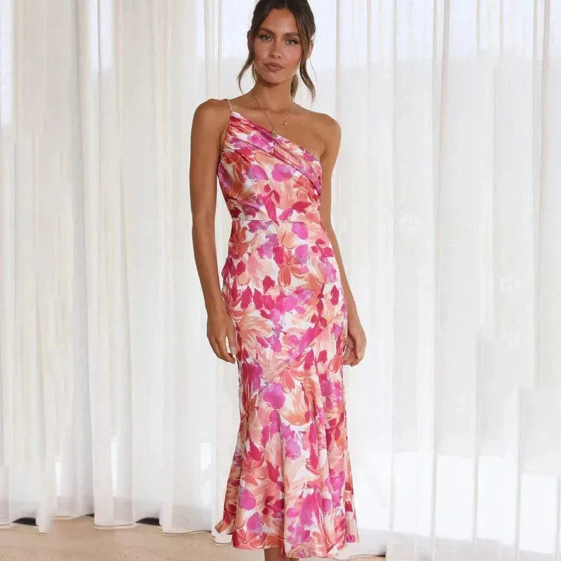 Marlow | Floral Midi Dress | One-Shoulder, Asymmetric | Pink, Fitted