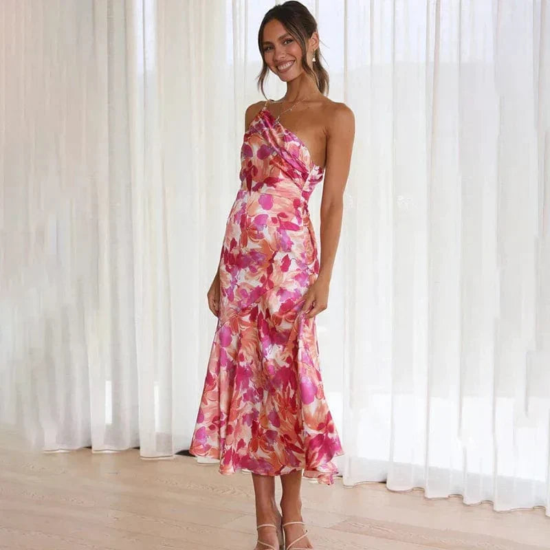 Marlow | Floral Midi Dress | One-Shoulder, Asymmetric | Pink, Fitted