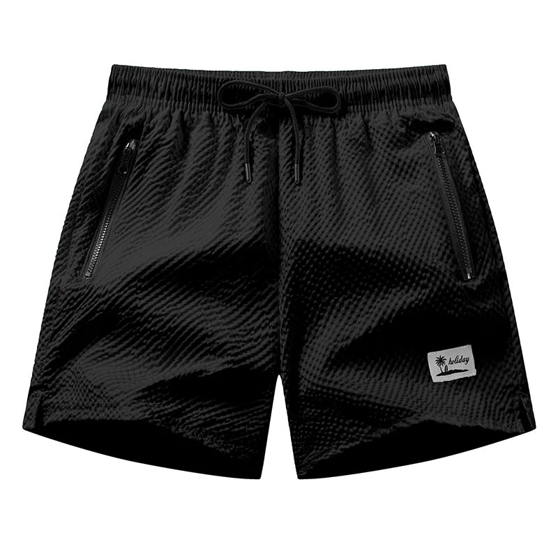 Men Swim Shorts Seersucker Quick Dry Mesh Lined Zipper Pockets