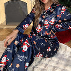 Women Christmas Pajamas 2 Piece Set Santa Print Long Sleeve Button Down