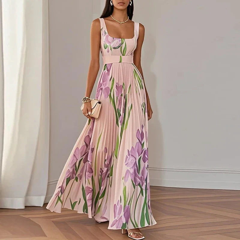 Birdie | Maxi Dress | Floral Square Neck, Pleated Wedding Guest | Multi